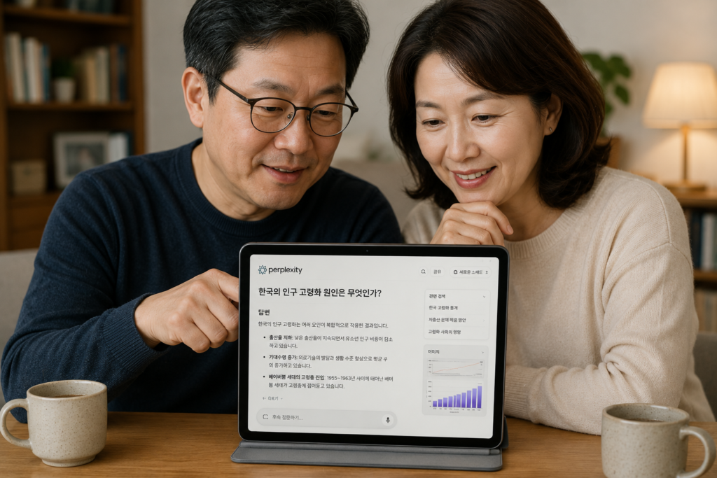 Perplexity AI 검색 결과를 함께 확인하는 중년 부부