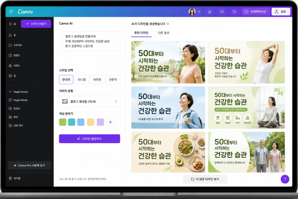 Canva AI 사용법으로 블로그 썸네일을 제작하는 화면