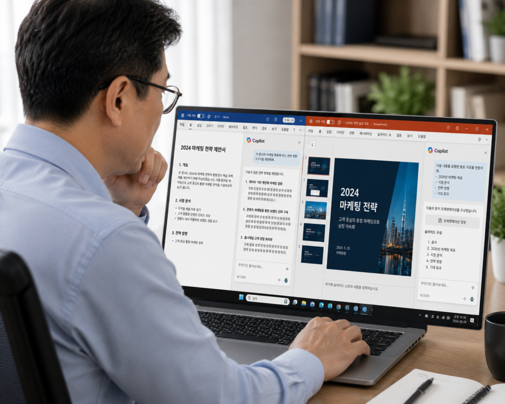 Microsoft Copilot을 이용해 Word 문서를 작성하거나 PowerPoint 발표 자료를 만드는 화면